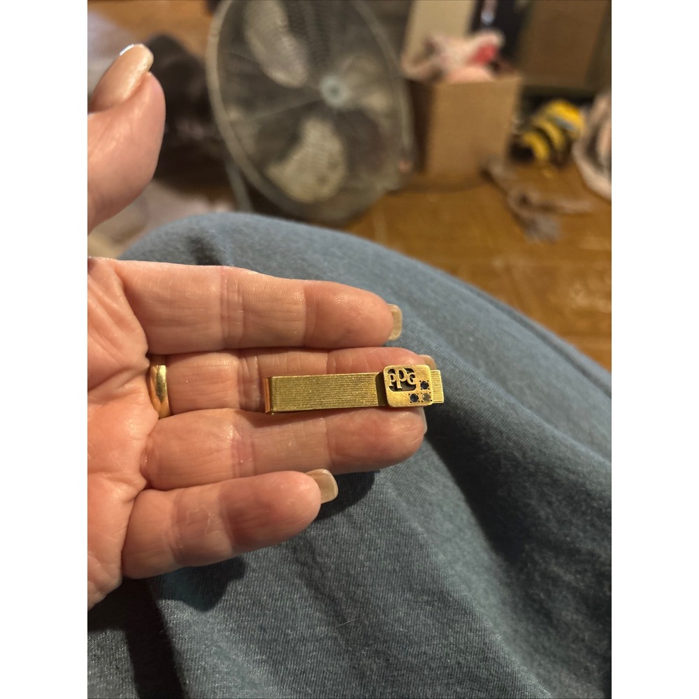 Vintage Anton PPG Industries Gold Tone Tie Clip Blue/Clear Stones  Logo Bar